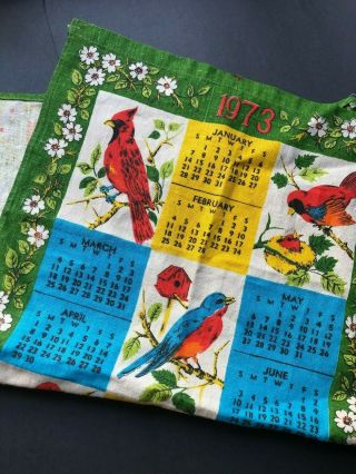 1973 Colorful Calendar Tea Towel/ Linen Kitchen Cardinal/ Bird Decor 1970s/ Blue