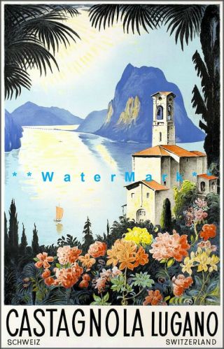 Lugano Switzerland 1930 Castagnola Vintage Poster Print Retro Style Travel Art