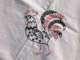Vtg Tablecloth Hand Embroider Rooster Chicken White Cotton Peach Black 48 " X50 "