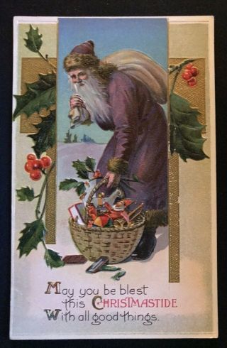 Long Purple Robe Santa Claus With Basket Of Toys Antique Christmas Postcard - B715