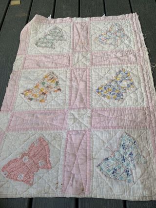 Vintage Hand Quilted & Appliquéd Butterflies Pink & White Cutter Quilt Piece