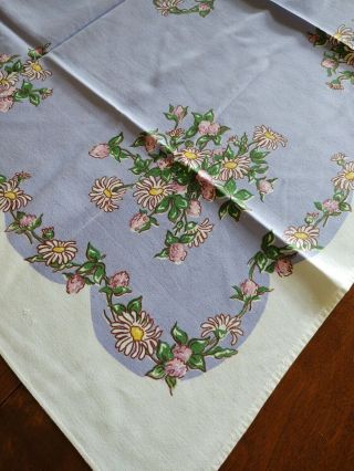 Vtg Printed Cotton Tablecloth Purple Center Daisies & Pink Clover 30x36 Pretty