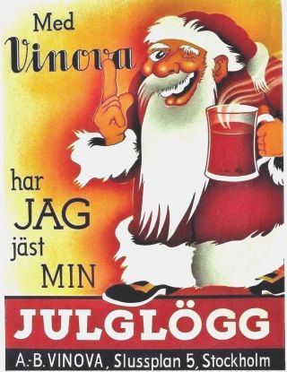Vintage Poster Scandinavia Julglogg Wine Santa C.  1940