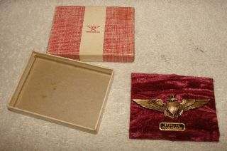 Wwii H - H Us Navy Pilot Wings Gold Plated Sterling Pin Back In H - H Box