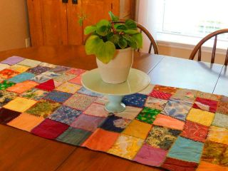 Antique Vintage Handmade Silk Crazy Patch Embroidered Quilt Table Runner 60x21 "