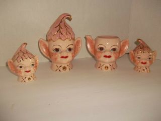 Vintage Pixie Elf Gnome Salt & Pepper Shakers Sugar Bowl & Creamer Pink Gold