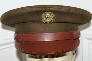 Early Ww2 U.  S.  Army Od Wool Visor Cap W/badge & Leather Chinstrap