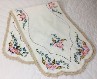 Vintage Table Runner Or Dresser Scarf,  Embroidered Flowers & Leaves,  Hand Made