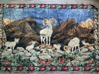 Vintage Ram Mountain Goat Woven Tapestry Velour Velvet Large Rug Wall Hanging
