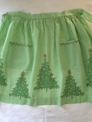 Vtg Half Apron Hand Made Embroidered Christmas Trees 20” Long Green Checkered