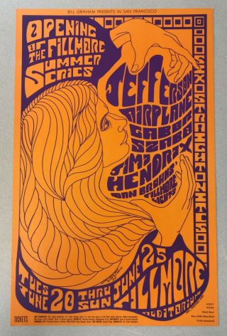Vintage Concert Poster Bill Graham 69 Jimi Hendrix Jefferson Airplane Fillmore