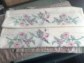 Pair Vintage Off White Hand Embroidered Pillow Cases Birds Pink Floral Lace