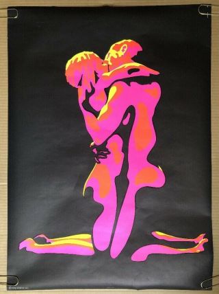 Vintage Black Light Poster Flaming Love Man Woman Love Sex Neon Trippy Pin - Up