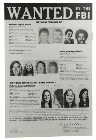Patty Hearst Symbionese Liberation Army / Sla Wanted By The Fbi Poster 1974