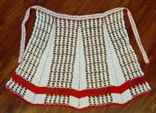 Vintage Mid Century Crocheted Red - White Christmas Mid Century Kitsch Half Apron