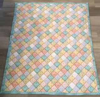 Hand Made Crib Quilt,  Printed Design,  Squares,  Hand Quilted,  Florals,  Stripes