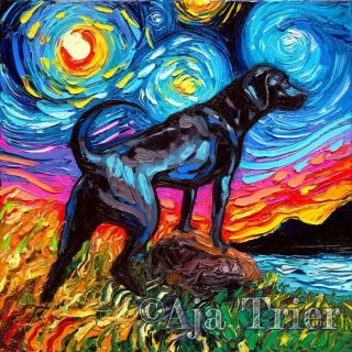 Black Labrador Lab Wall Art Print Dog Starry Night Van Gogh Decor By Aja