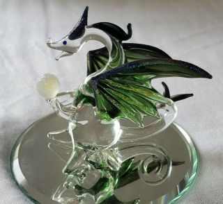 Glass Dragon Figurine Green Purple Wings With Globe Moon