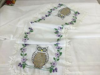 Vintage Dresser Scarf Table Runner Embroidered Floral Owl Lace 40 " Long