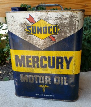 Vtg Sunoco Mercury Motor Oil 2 Gallon Tin Advertising Can Gas Garage Sign