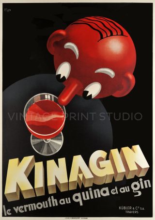 Kinagin Vermouth Vintage Swiss Liquor Advertising Giclee Canvas Print 20x28.