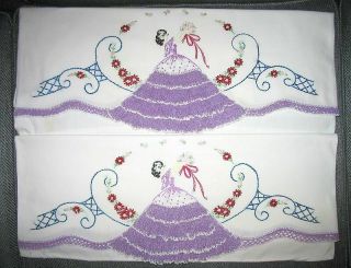 Vtg Pr Pillowcases Hand Embroidered Southern Belle W/ Ruffled Crochet Skirt