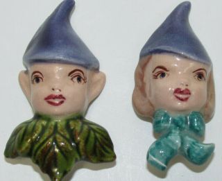 2 Vintage Holland Mold Hand Painted Ceramic Pixie Elf Gnome Boy Girl Pin Brooch