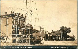 1910 Corning,  Kansas Rppc Photo Postcard Scene On Main Street Light Tower View