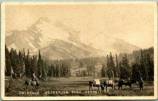 Detroit,  Oregon Rppc Real Photo Postcard " Entrance,  Jefferson Park " Horses 1920s