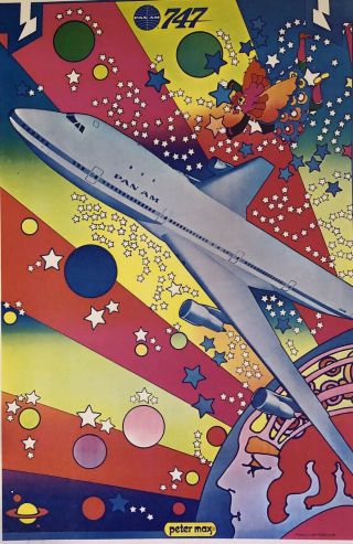 Vintage Peter Max Psychedelic Poster - Pan Am 747 - 50 Years Old
