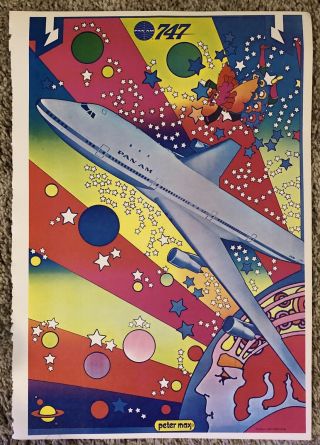 Vintage Peter Max Psychedelic Poster - Pan Am 747 - 50 Years Old 2