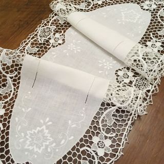 Vintage Italian Table Runner Scarf Hand Embroidered Needle Lace 14 " X 41 "