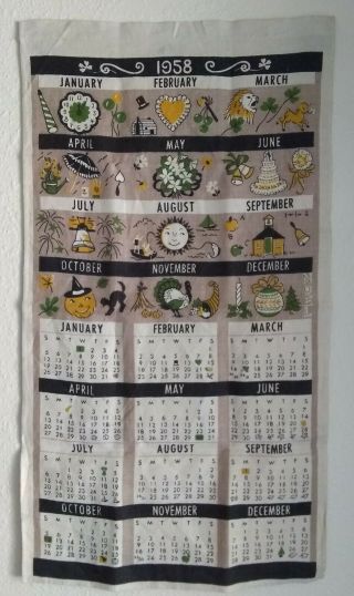 Vintage 1958 Linen Wall Calendar Tea Towel Fun Illustrations For Every Month Euc