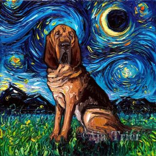Bloodhound Dog Art Print Starry Night Van Gogh Decor By Aja