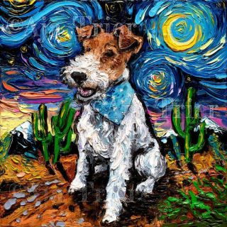 Wire Fox Terrier Wall Art Print Dog Starry Night Van Gogh Decor By Aja