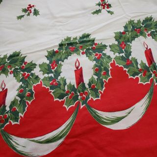 Vintage Cotton Christmas Fabric Valance Swag Skirt Wreath Holly Candles