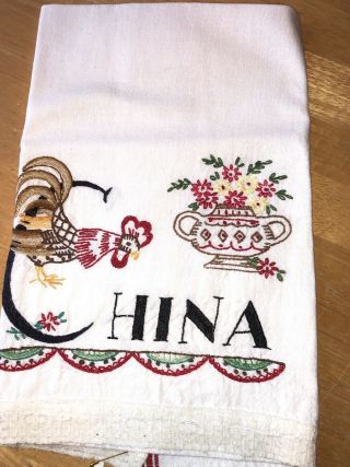 Vintage Hand Embroidered/cotton/linen Tea/dish Towel French Country