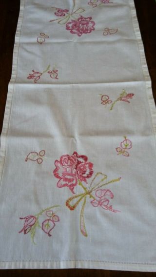 Vintage Embroidered Table Runner Dresser Scarf Pink Flowers Green Ribbon Bonus