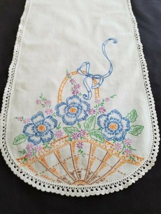 Vintage Linen Embroidered Table Runner Or Dresser Scarf Basket Of Flowers