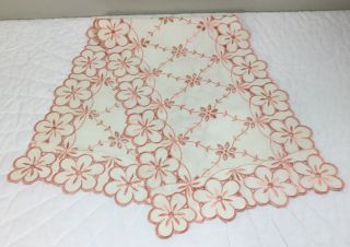 Vintage Dresser Scarf Or Table Runner,  Flower,  Scroll Embroidery,  Peach & Ivory