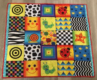 Hand Made Crib Quilt,  Whimsical,  Fun Designs,  Smiley Face,  Dots,  Caterpillar