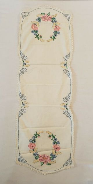 Vintage Linen Hand Embroidered Table Runner Lace Edge Scalloped Pink Blue Floral