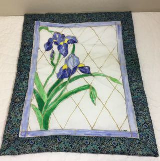 Quilt Wall Hanging,  Hand Painted,  Irises,  Leaves,  Contemporary Floral Calico