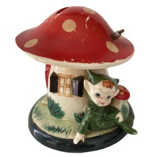 Vintage Pixie Elf Under Red Mushroom House Bank 5 " Japan Ceramic Chippy