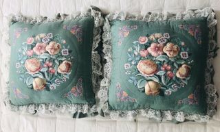Vintage Quilted Throw Pillows,  Lace,  Ruffle,  Green,  Floral 15x15