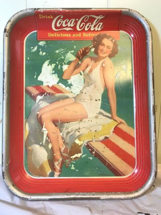 Vintage Coca Cola Springboard Tray Sign,  Woman On Diving Board 1939