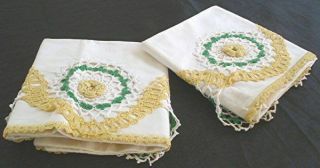Pr Vtg White Cotton Pillow Cases Yellow Green Floral Crochet Inserts Edging