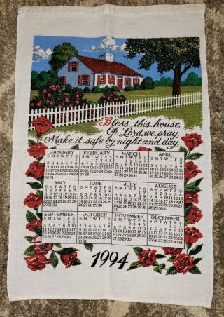 Vintage 1994 Linen Cloth Kitchen Calendar Wall Hanging Tea Towel House Blessings