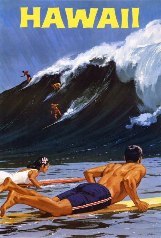 A0 Large Vintage Illustrated Art Travel Poster Print Hawaii Aloha Surfing Waves