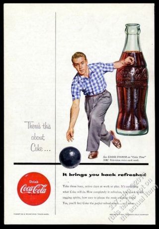 1954 Coke Coca - Cola Bowler Bowling And Bottle Art Vintage Print Ad